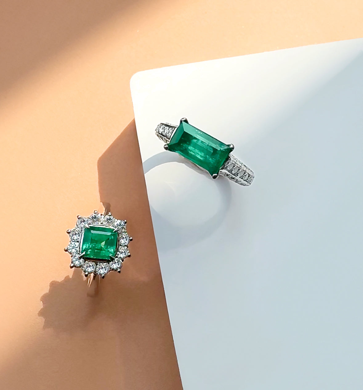 Bia Long Emerald Ring with Faceted Diamonds Band