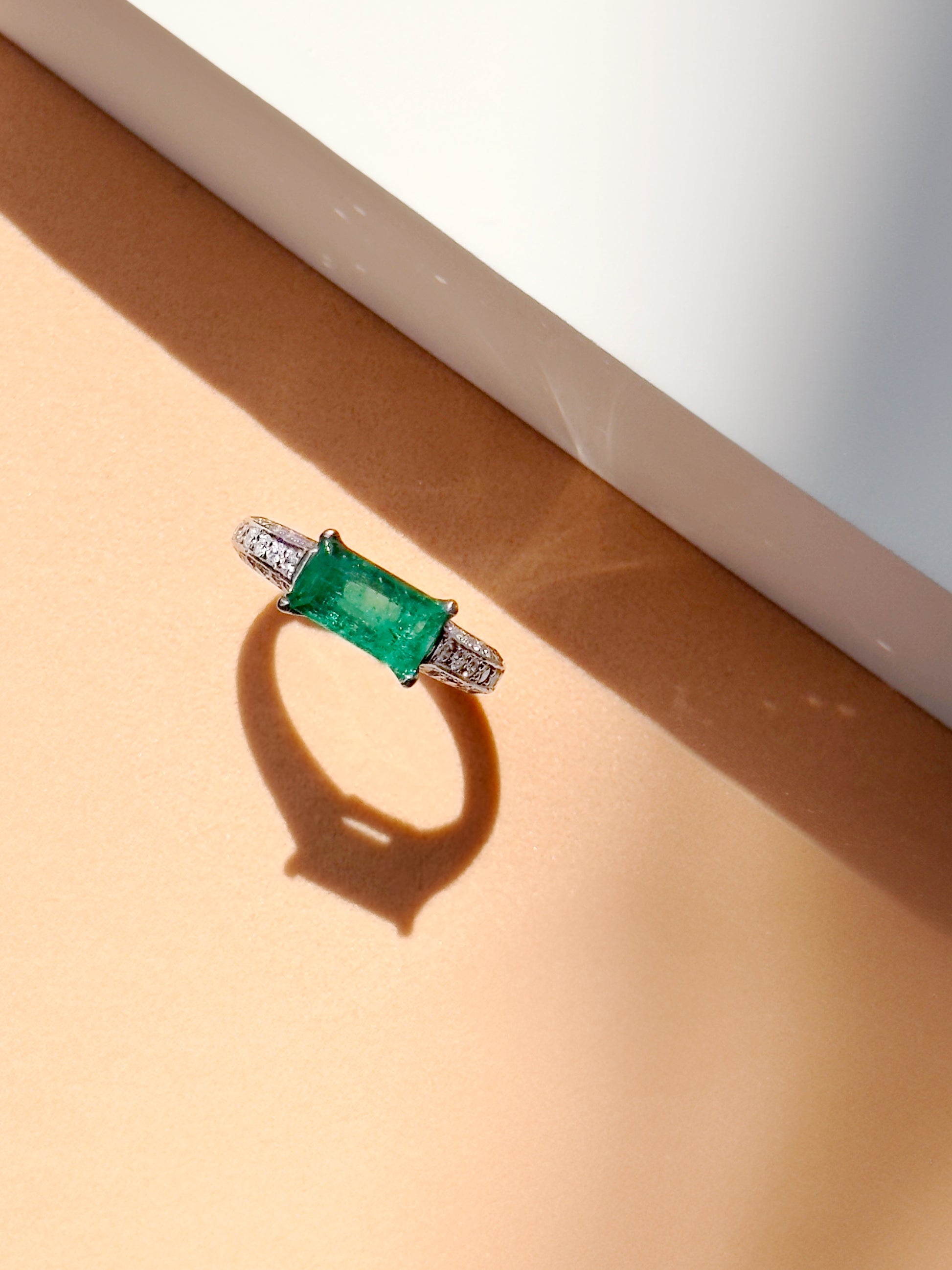 Bia Long Emerald Ring with Faceted Diamonds Band