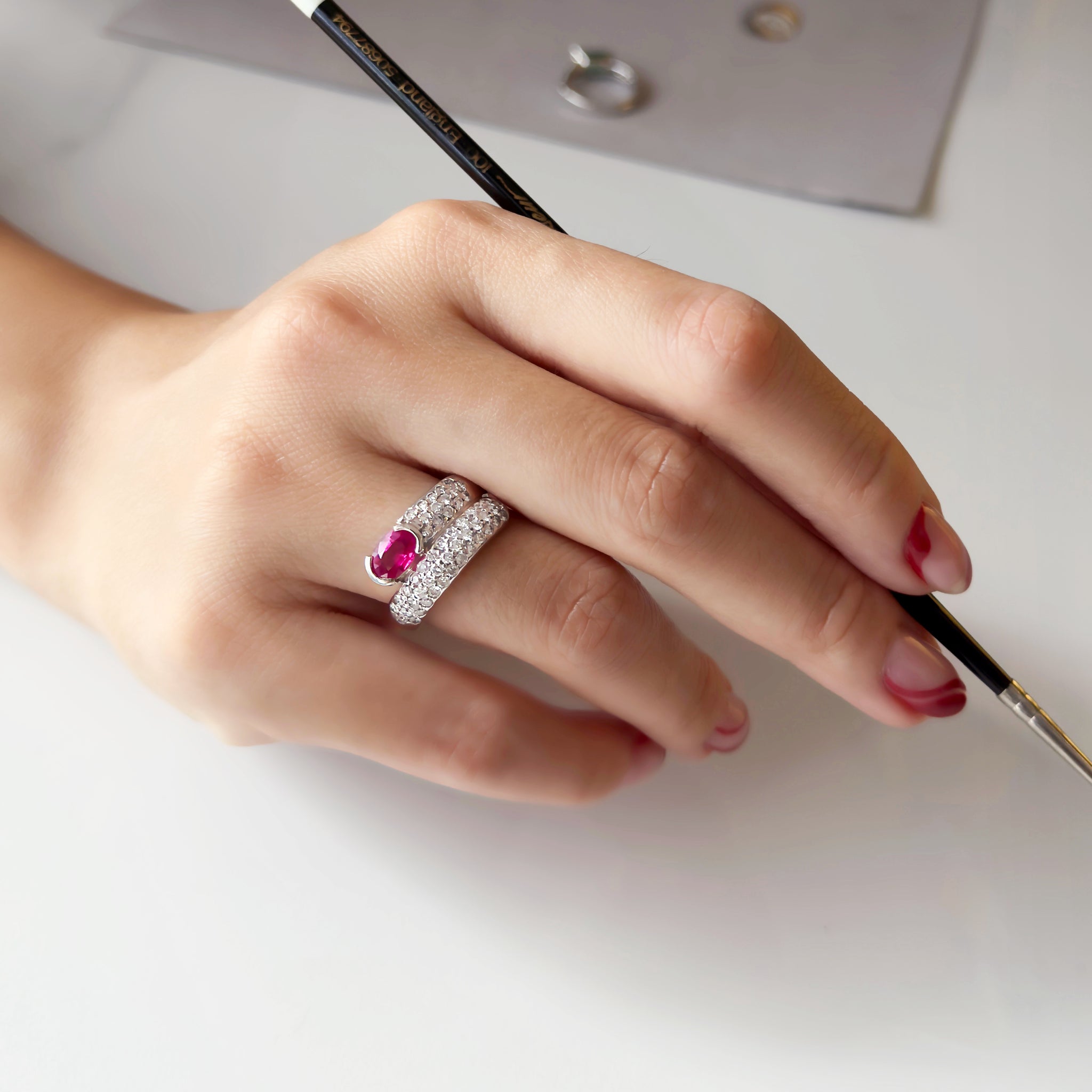 Burmese Ruby Maia Ring with Bold Diamond Swirl Band