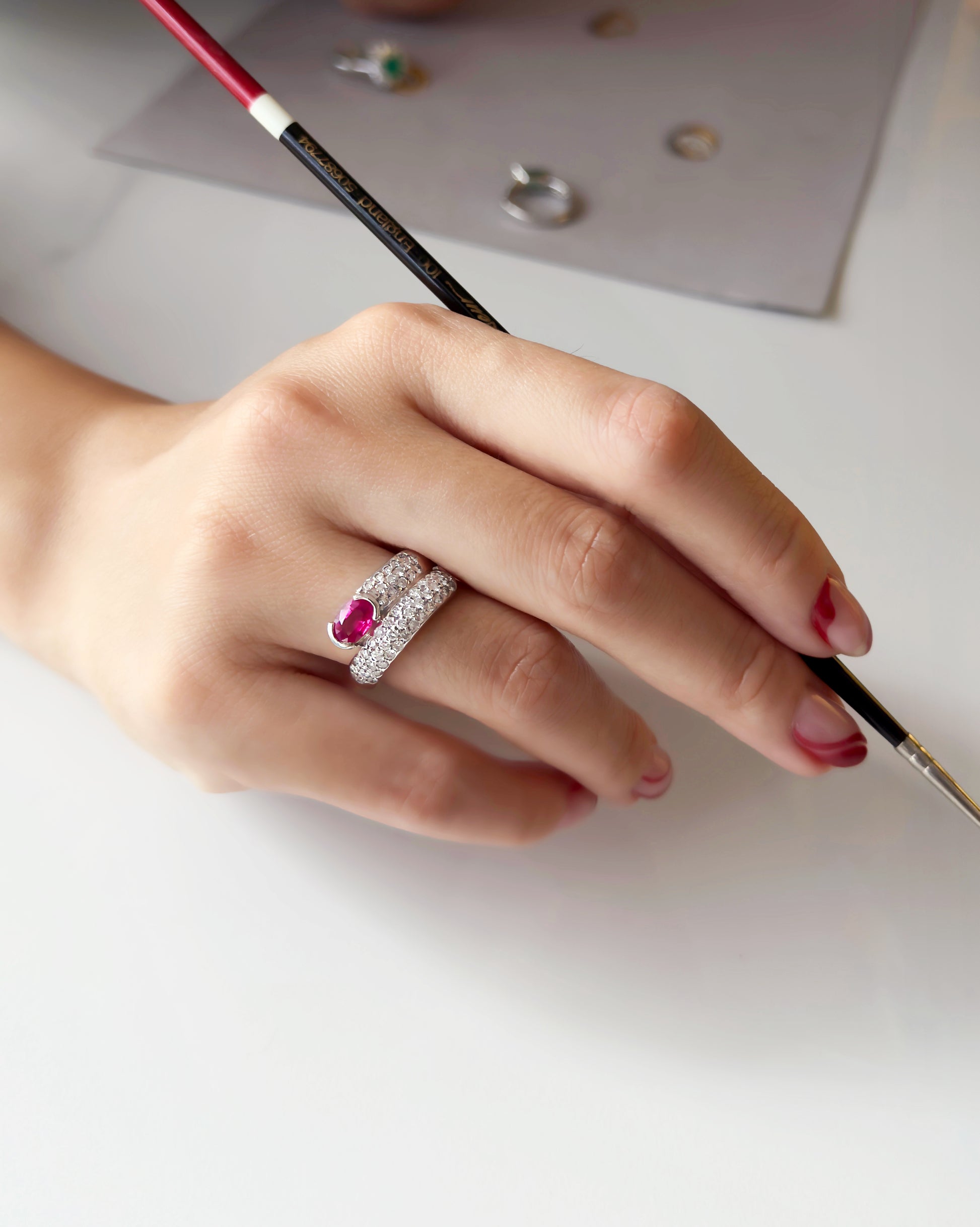 Burmese Ruby Maia Ring with Bold Diamond Swirl Band