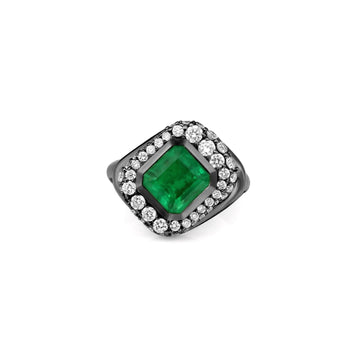 The Blueprint Pavé Diamonds Ring Black Rhodium - Emerald-cut Emerald